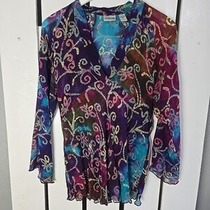 Chico's Babydoll Silk Blouse Sz 1 Med Purple Sheer Fairy Pheobe Artsy Hippie
